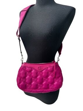 GUCCI GG PINK MATELASSE NYLON CROSSBODY HANDBAG CANVAS ADJUSTABLE STRAPS MEDIUM
